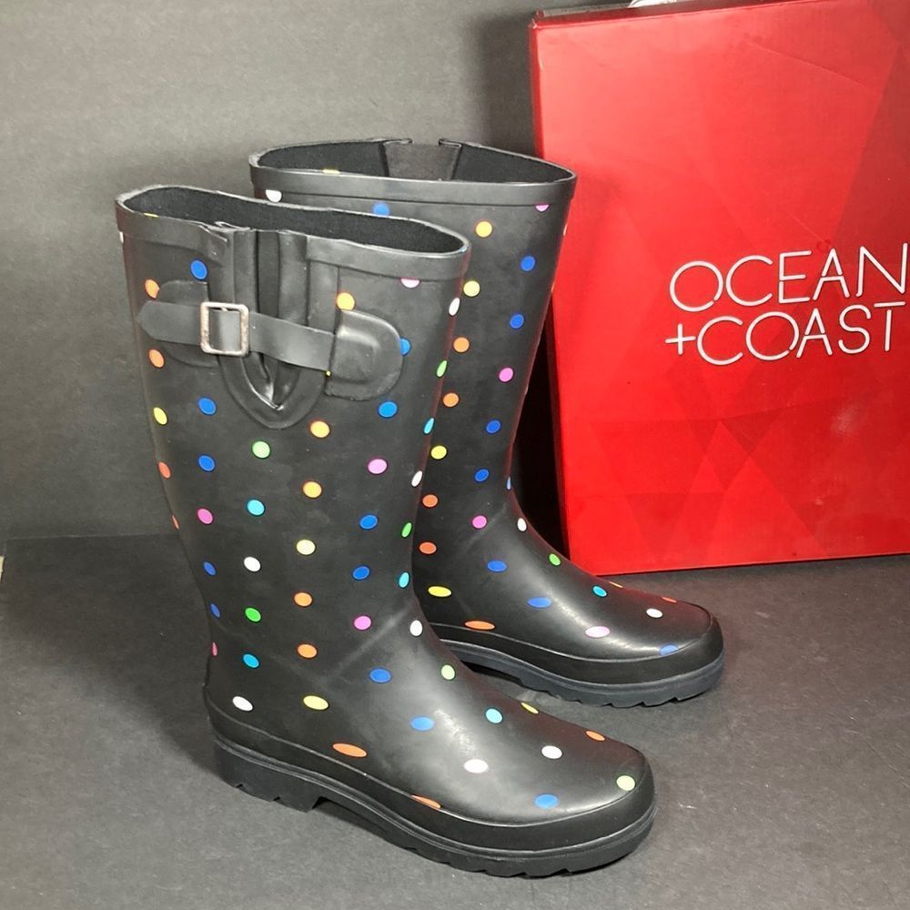 NWT Ladies Rubber Boats by ocean and coast black with multi color polka …